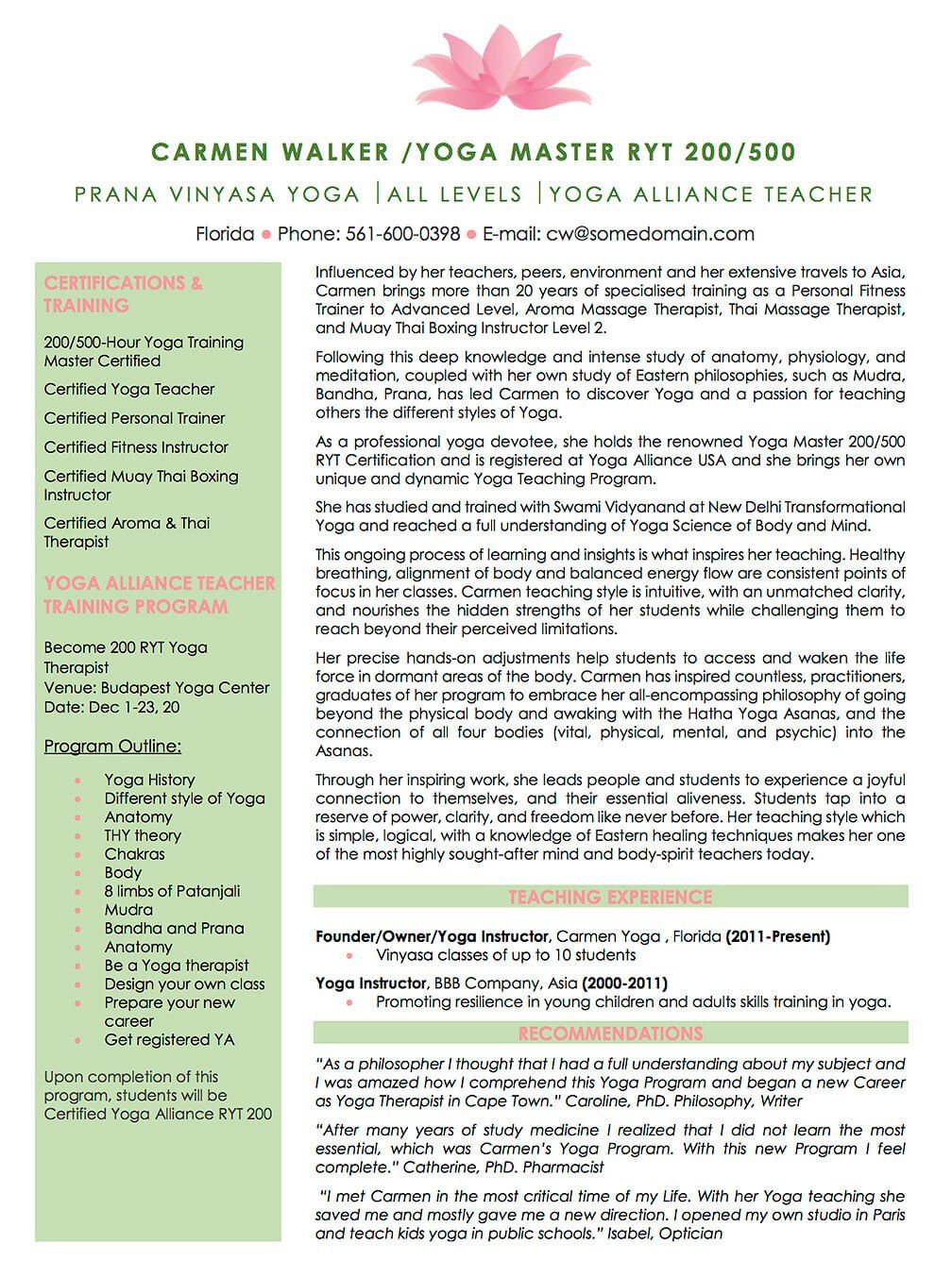 sample resume yoga teacher
